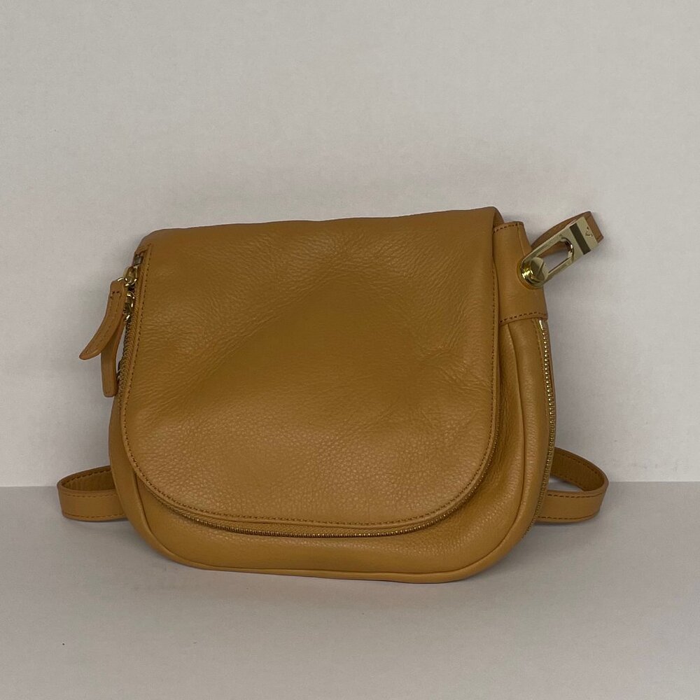 Vince Camuto Leather Crossbody Saddlebag Camel Tan Multi Zip